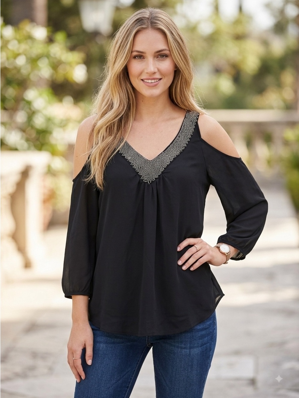 |NWT| SOCIALITE Black Beaded V Neck Cold Shoulder Chiffon Blouse Size S